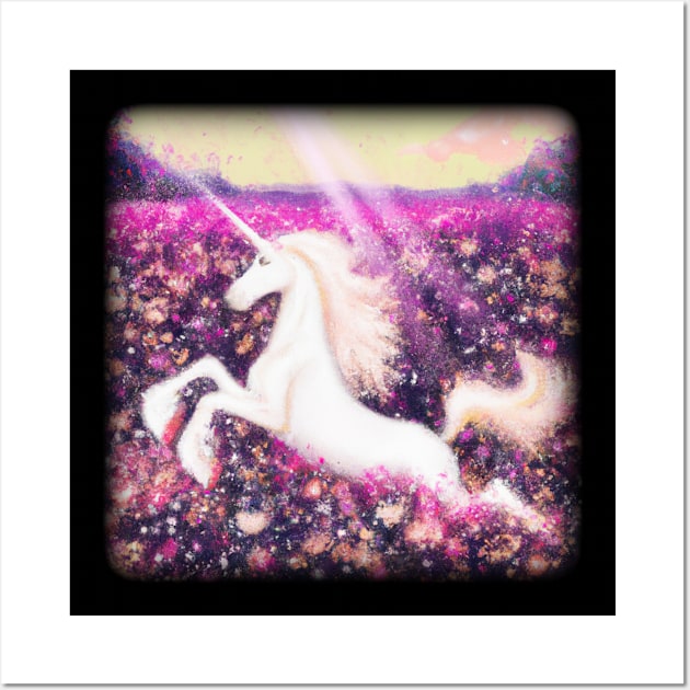 White unicorn in golden sky iwth pink and gold flowers Wall Art by DesignIndex